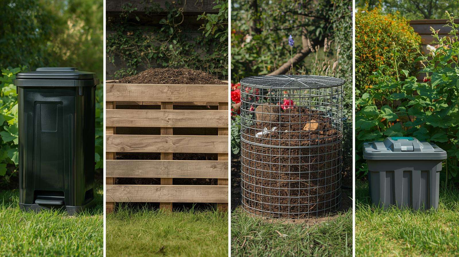 Various home composting systems including tumbler bin, stationary bin, open pile, and worm bin in a backyard garden