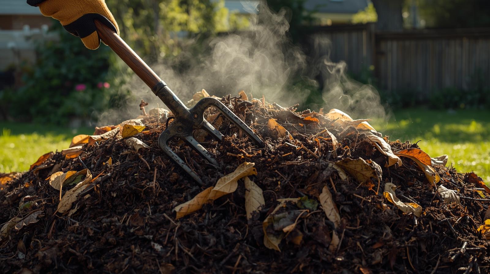 Person turning backyard compost pile with pitchfork for proper aeration and faster decomposition