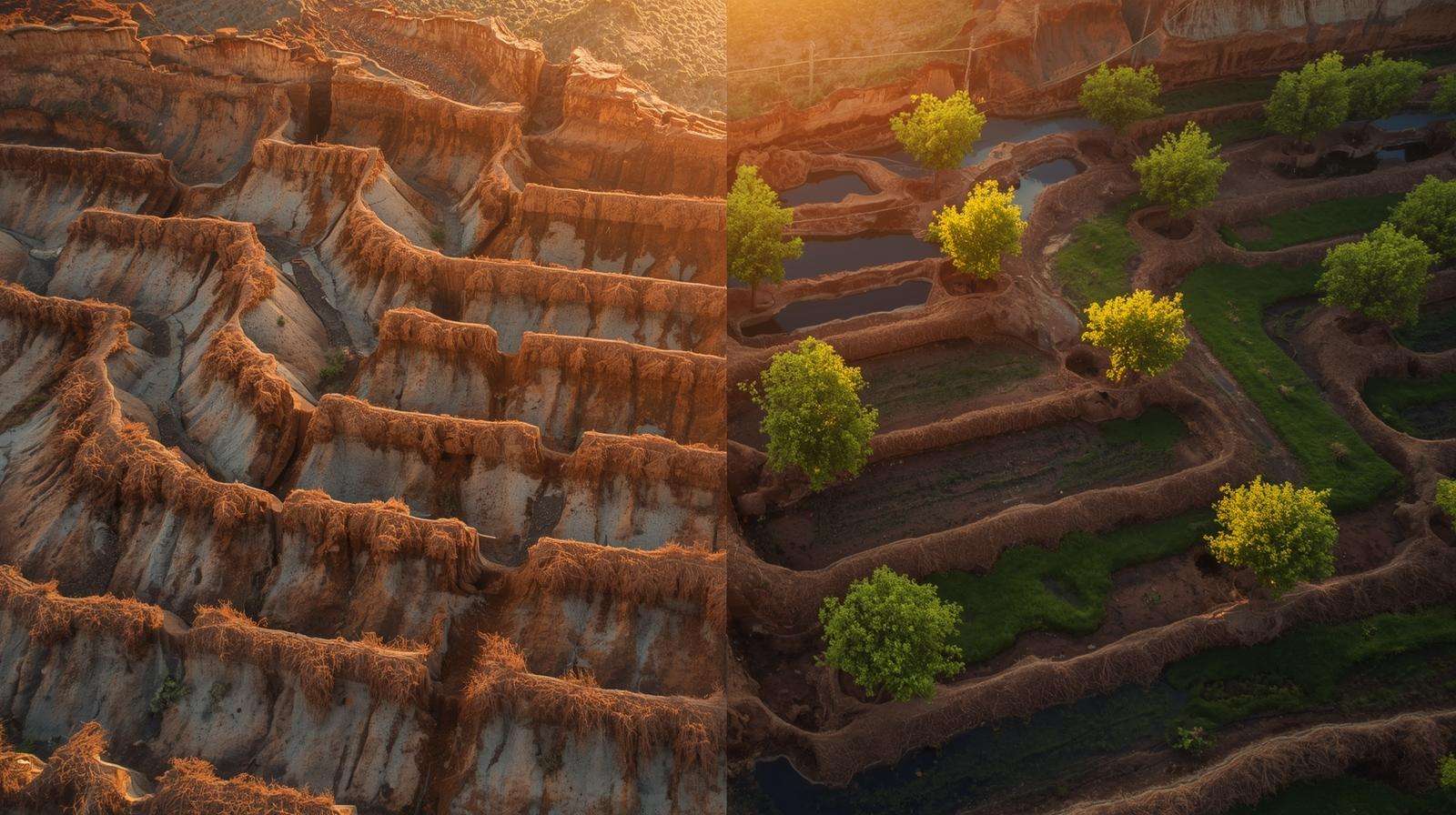 Before-and-after erosion transformation using Greg Swales — bare slope vs lush, water-harvesting food forest.