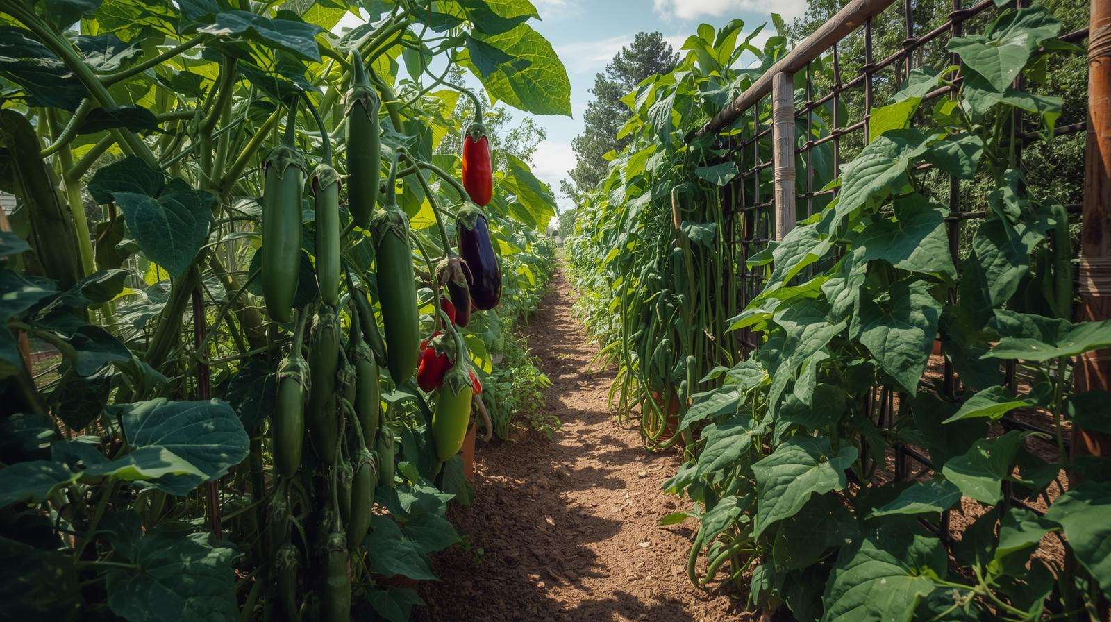 Heat-tolerant vegetables like okra, eggplant, hot peppers, and yardlong beans thriving in a hot summer garden