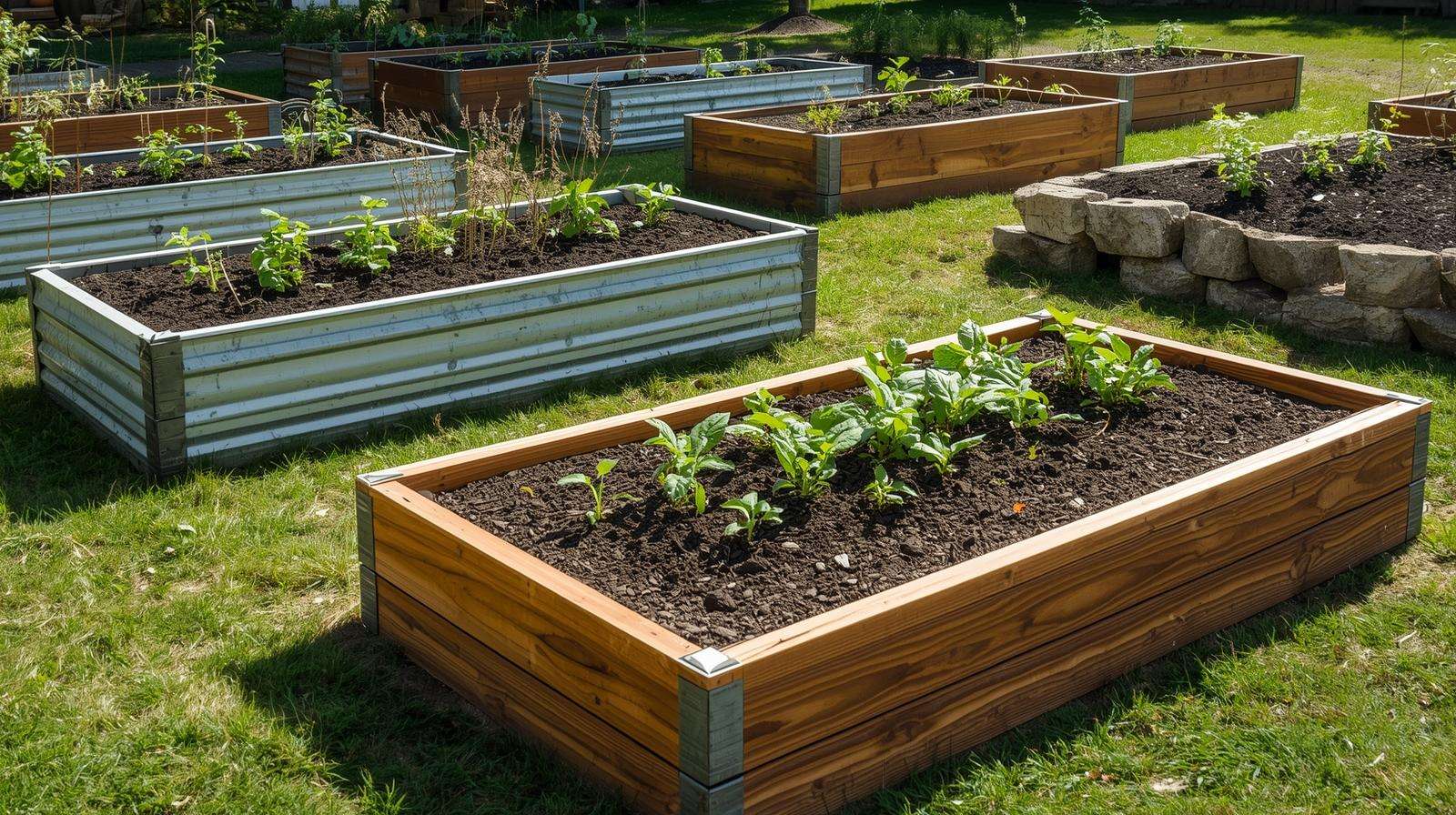 Various raised garden bed materials including cedar wood, galvanized metal, and concrete blocks in a backyard setting.