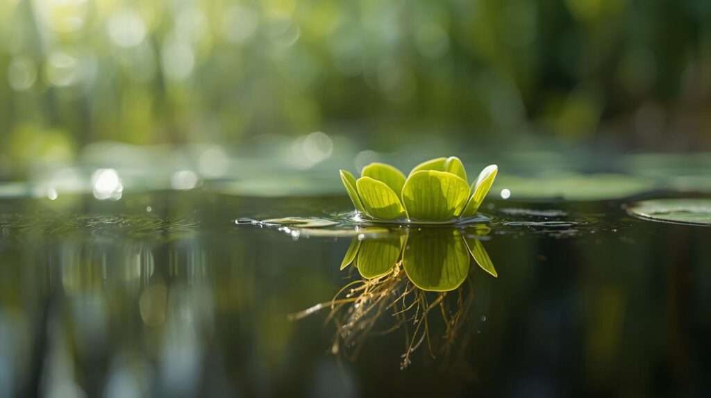 Close-up of dwarf water lettuce plant floating on a pond with green leaves and roots.