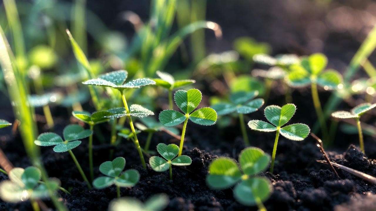 Close-up of real four-leaf clover plant mutation growing naturally among standard white clover leaves in healthy soil