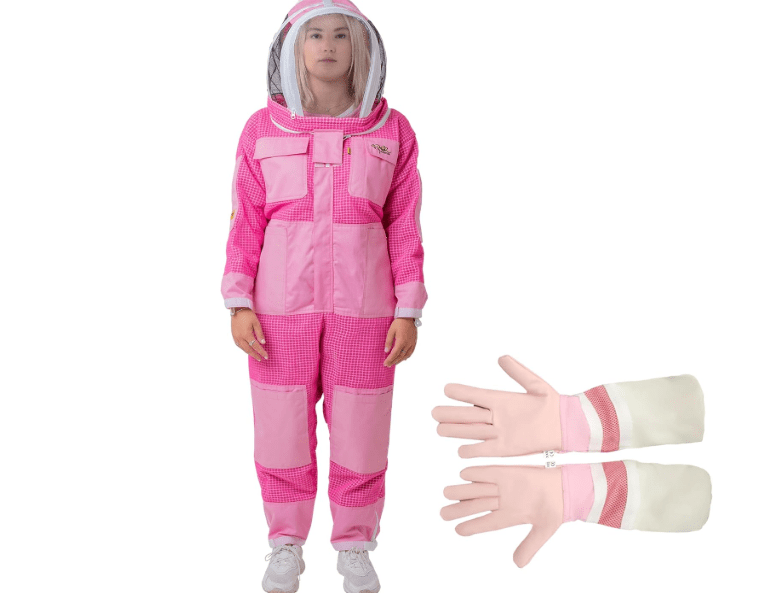 Pink Beekeeping Suit for Women - Three Layers Ventilated Protective Outfit with Air Mesh with Fencing Veil & Gloves (XXS)