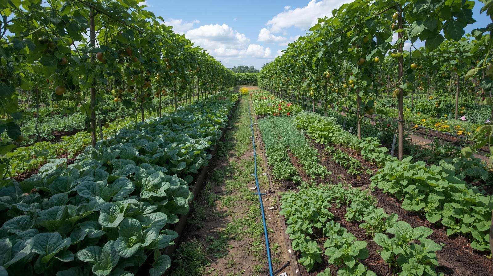 Optimized planting layout in a huge raised bed for maximum yield.