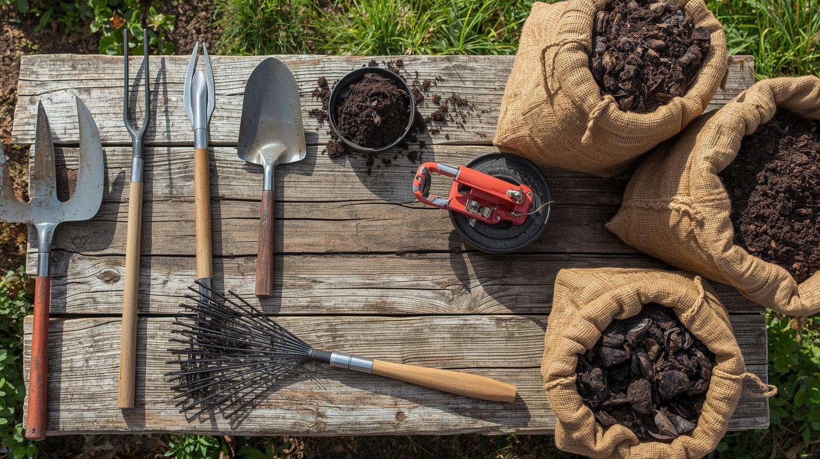 Essential tools and amendments for fluffing up compressed raised-bed soil.