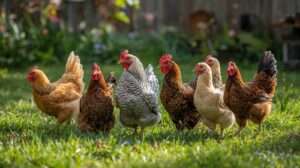 Variety of beginner-friendly backyard chicken breeds including Orpington, Rhode Island Red, and Plymouth Rock