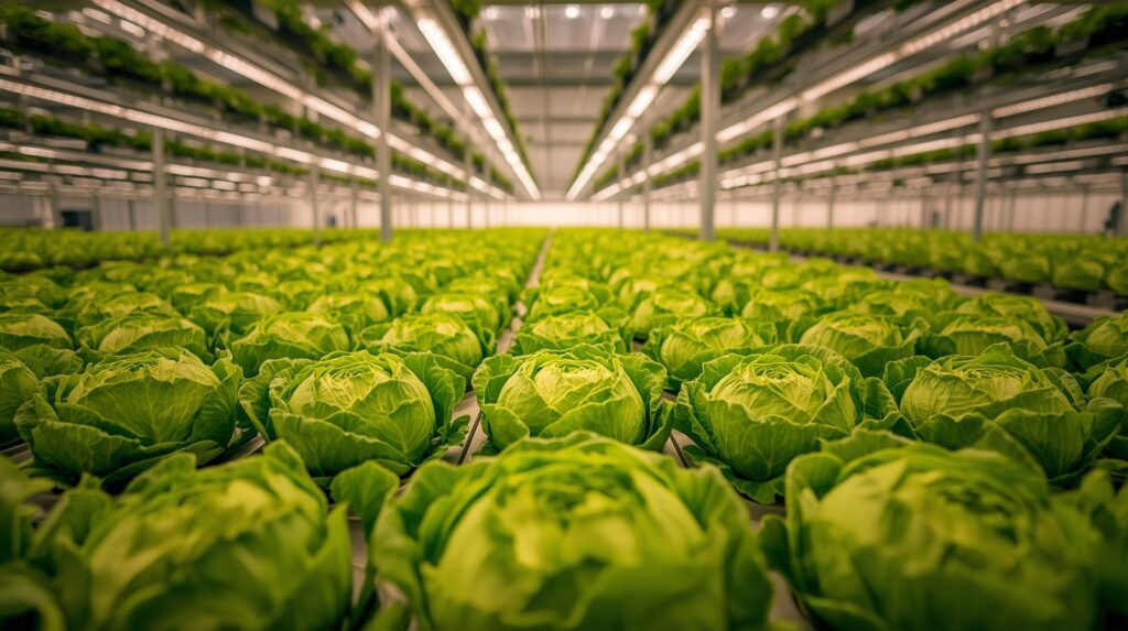 Mature iceberg lettuce heads thriving in vertical hydroponic farming system