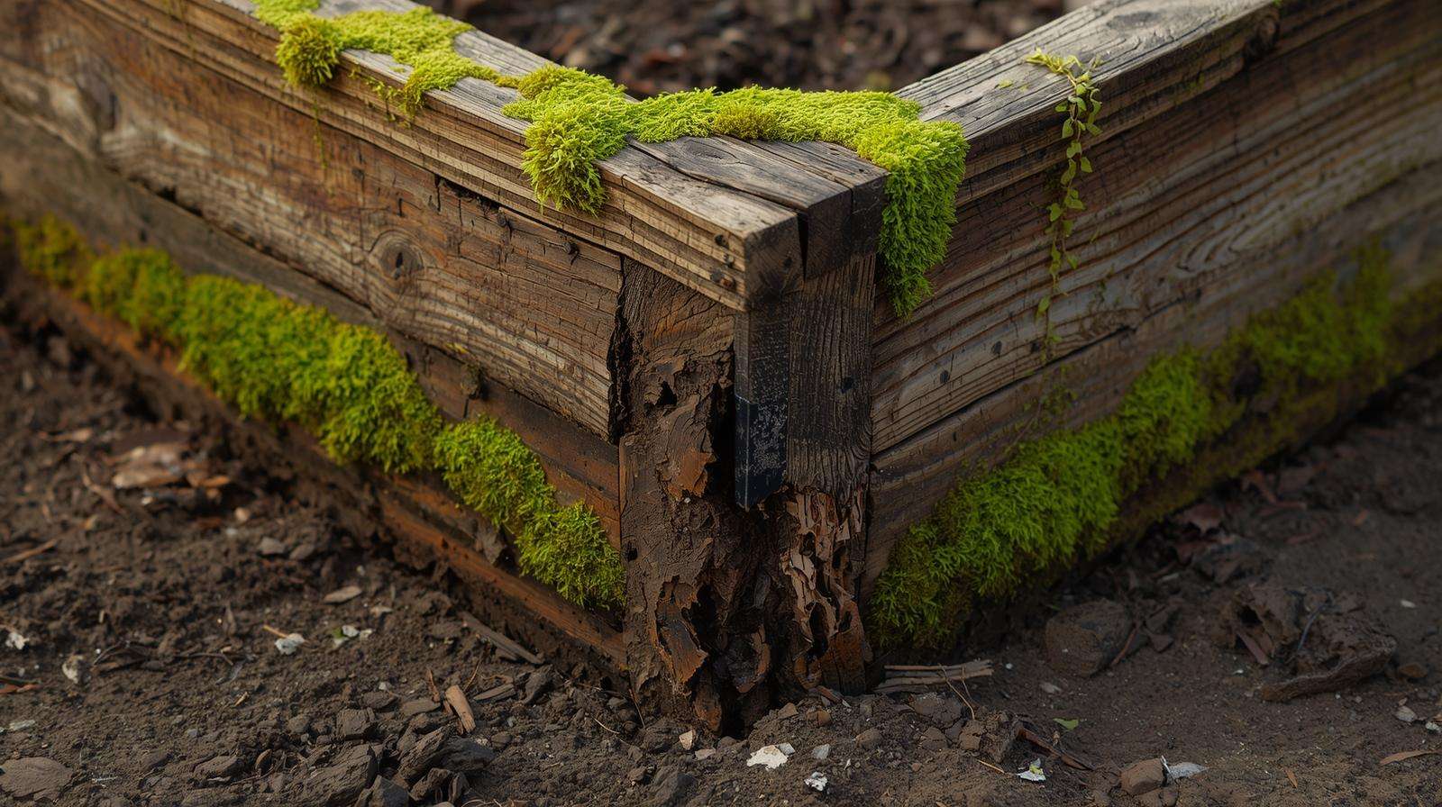 Wooden raised garden bed showing rot on bottom boards from soil moisture contact
