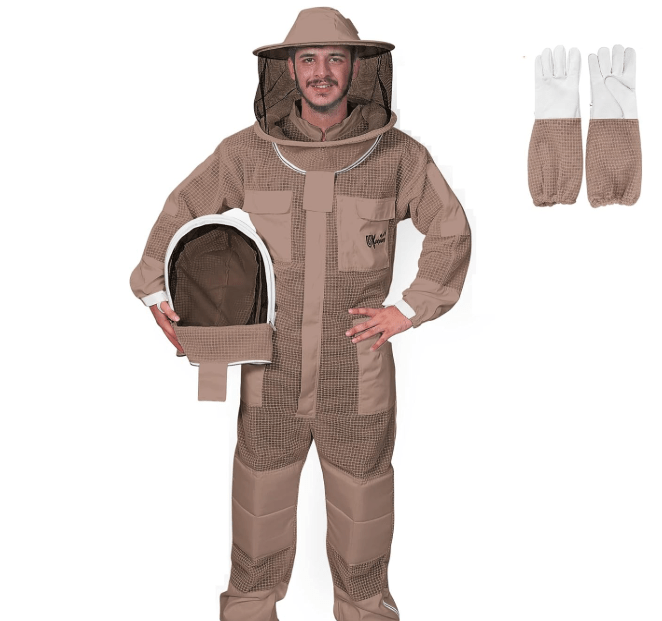 3-Layer Ultra Ventilated Bee Suit for Men & Women – Premium Beekeeping Suit with Bee Gloves & Two Detachable Beekeeping Veils (Brown M)