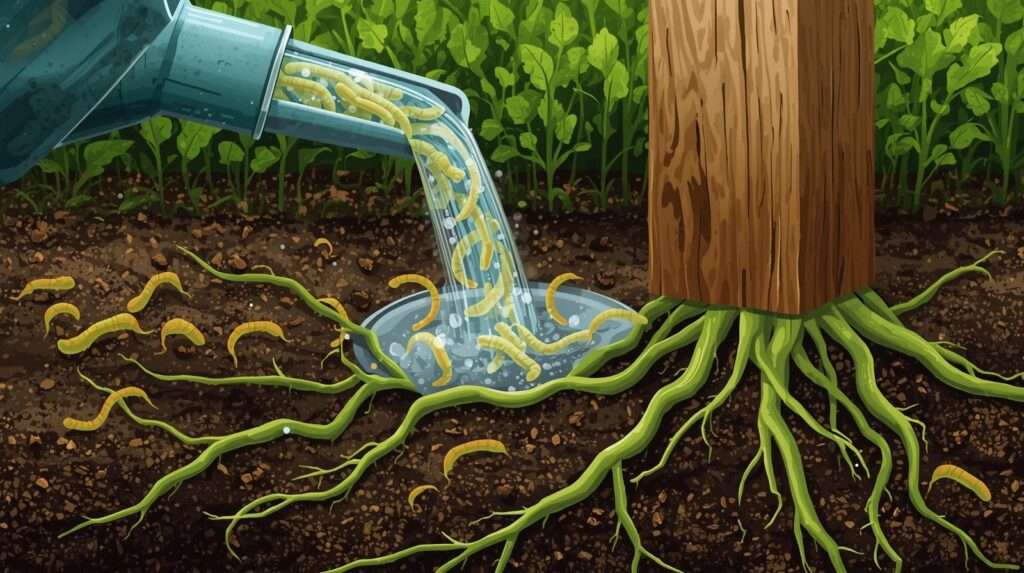 Applying beneficial nematodes to soil for natural subterranean termite control around farm foundation