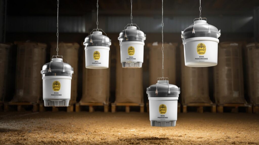 Professional pheromone weevil traps installed in grain storage for natural pest control