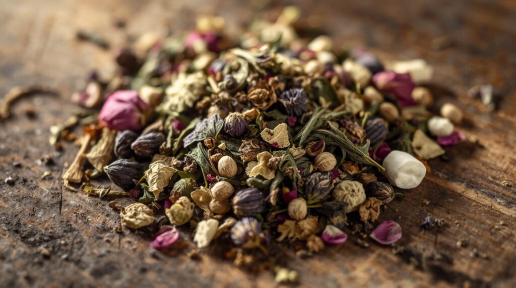 Dried smokable herbs blend with mullein, damiana, mugwort, and lavender for wellness
