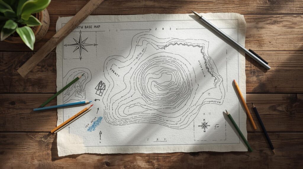 Hand-drawn permaculture base map and zone planning for new acreage design.