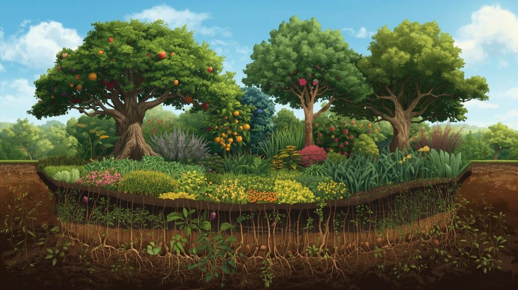 Layers of a permaculture food forest in a 5–10 acre homestead design