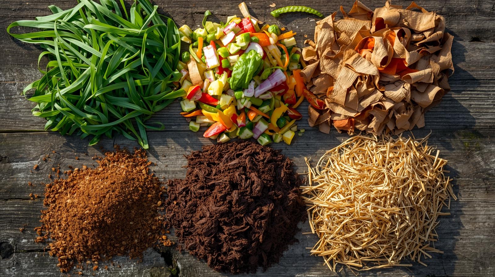 Piles of green and brown composting materials including kitchen scraps, grass clippings, leaves, and cardboard