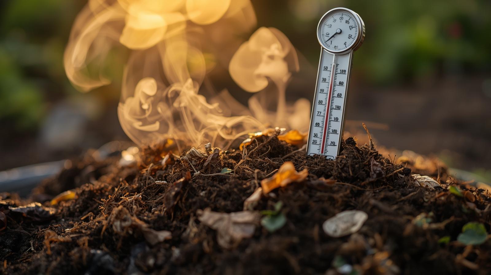 Compost thermometer showing high temperature in steaming hot compost pile
