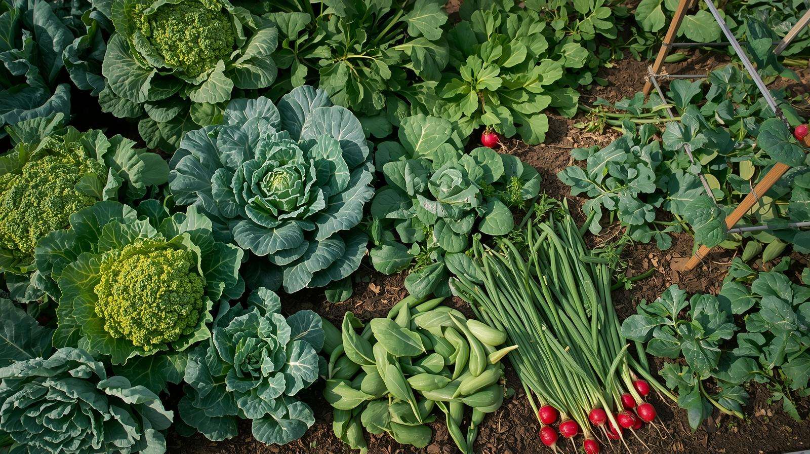 Rows of healthy cool-season vegetables like broccoli, lettuce, kale, and carrots in a spring garden for optimal planting timing
