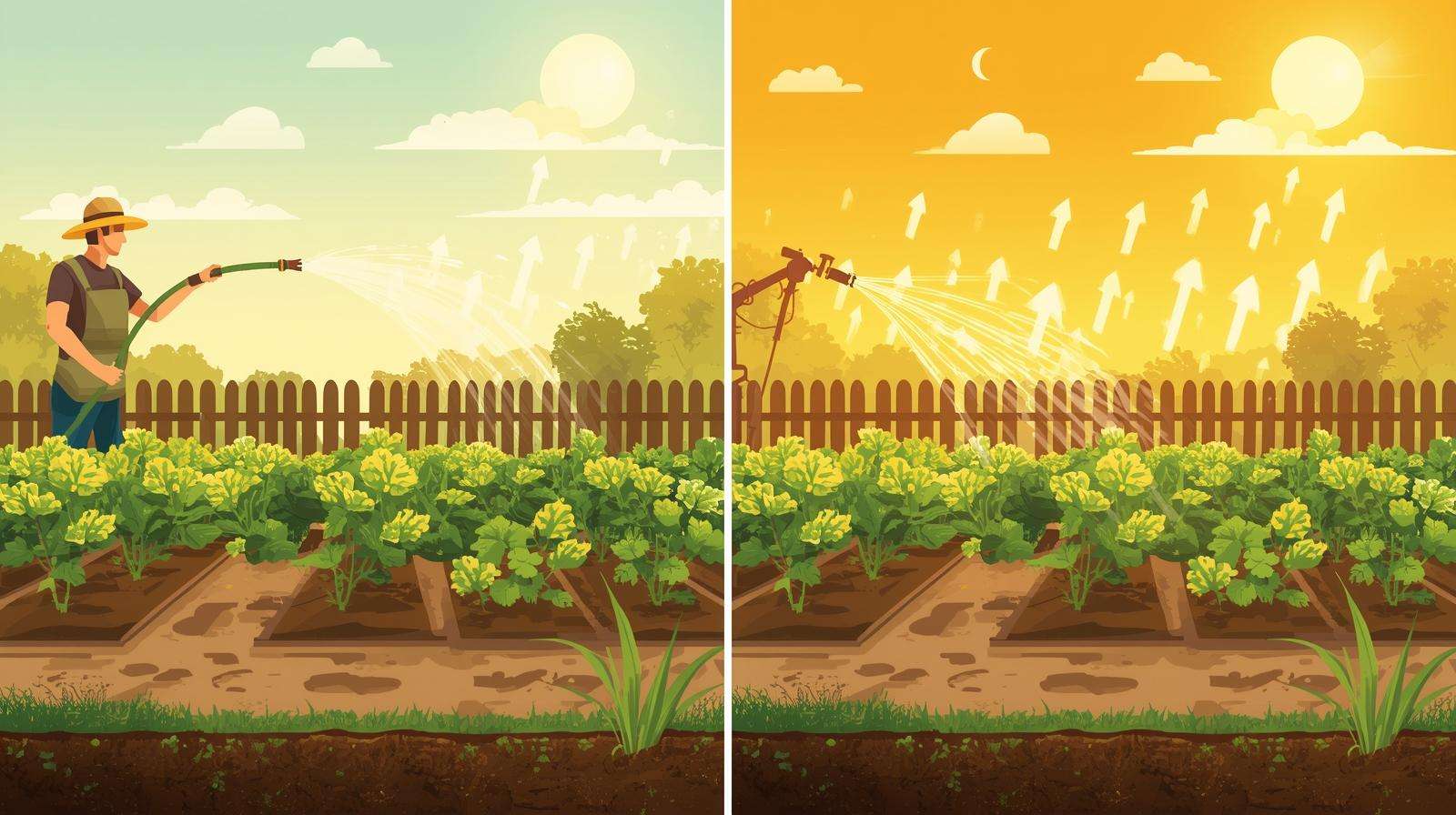 Visual comparison of watering plants in early morning vs midday showing reduced evaporation in extreme heat