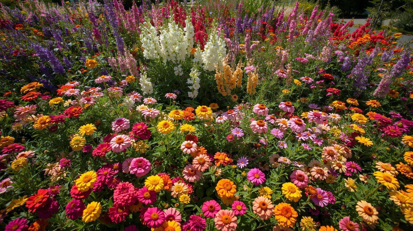Vibrant heat-tolerant flowers including zinnias, portulaca, vinca, lantana, and celosia blooming in extreme summer heat