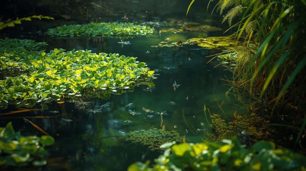 Pond ecosystem with dwarf water lettuce, fish, dragonflies, and lush vegetation.