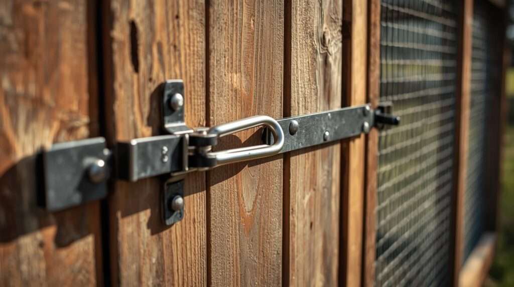Close-up of a wooden chicken coop door secured with a heavy-duty carabiner clip and padlock on a two-step latch system, showing the raccoon-proof mechanism in detail during daytime, with part of the coop and run visible in the background, realistic photography style, sharp focus, natural outdoor light, 16:9 aspect ratio, no text or animals.