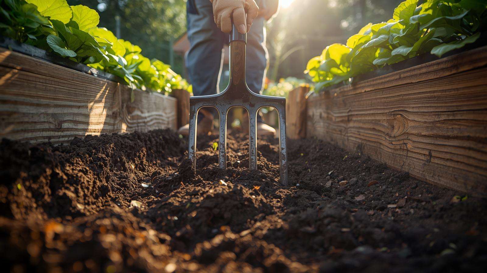 Gardener aerating compressed raised-bed soil with a broadfork.