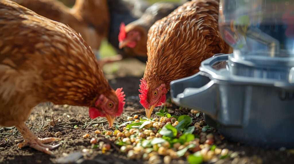 Backyard chickens eating balanced layer feed and healthy treats for optimal nutrition