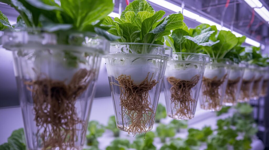 Iceberg lettuce plants growing in NFT hydroponic channels for vertical farming