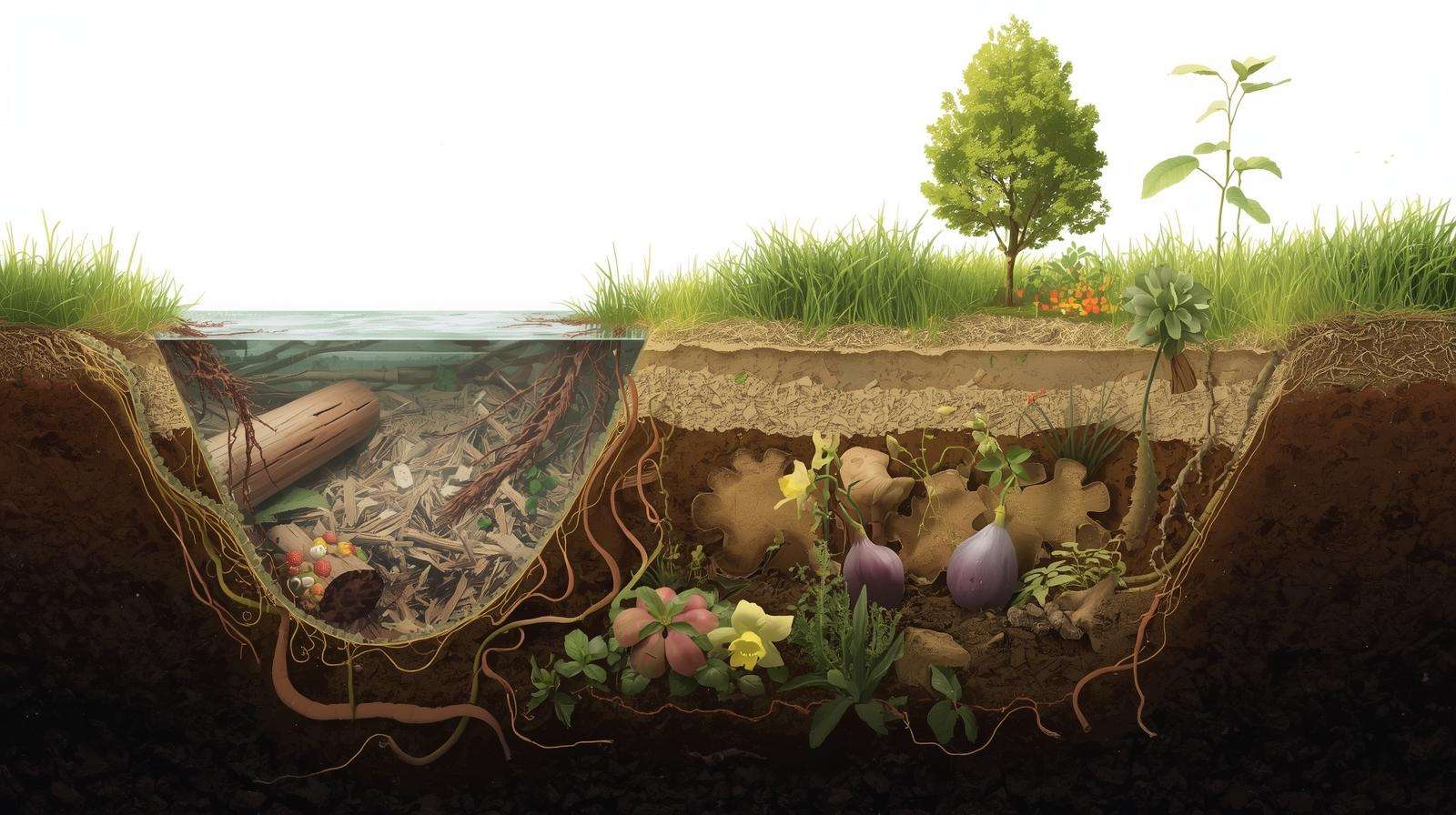 7-layer planting guild on a swale park berm — wood, mulch, comfrey, fruit tree, and groundcover for maximum yield.