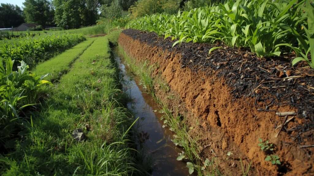 Permaculture swale and berm for better water infiltration and clay soil drainage in garden