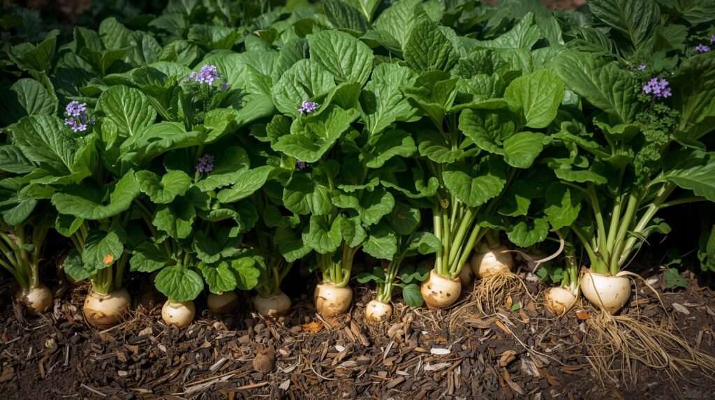 Comfrey and daikon radish as pioneer plants breaking up heavy clay soil in permaculture garden