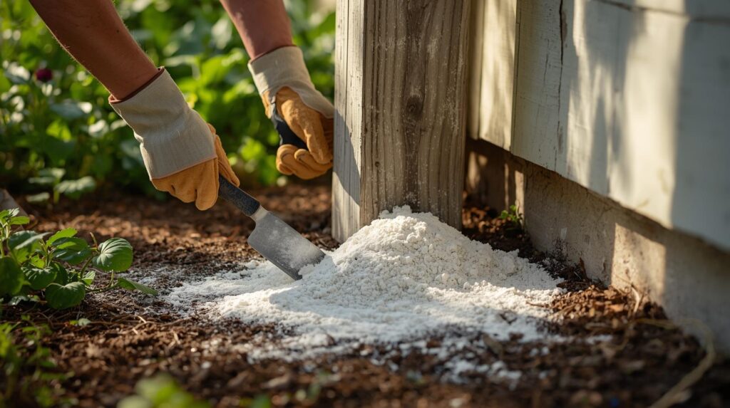 Spreading diatomaceous earth barrier around wooden post for eco-friendly termite prevention