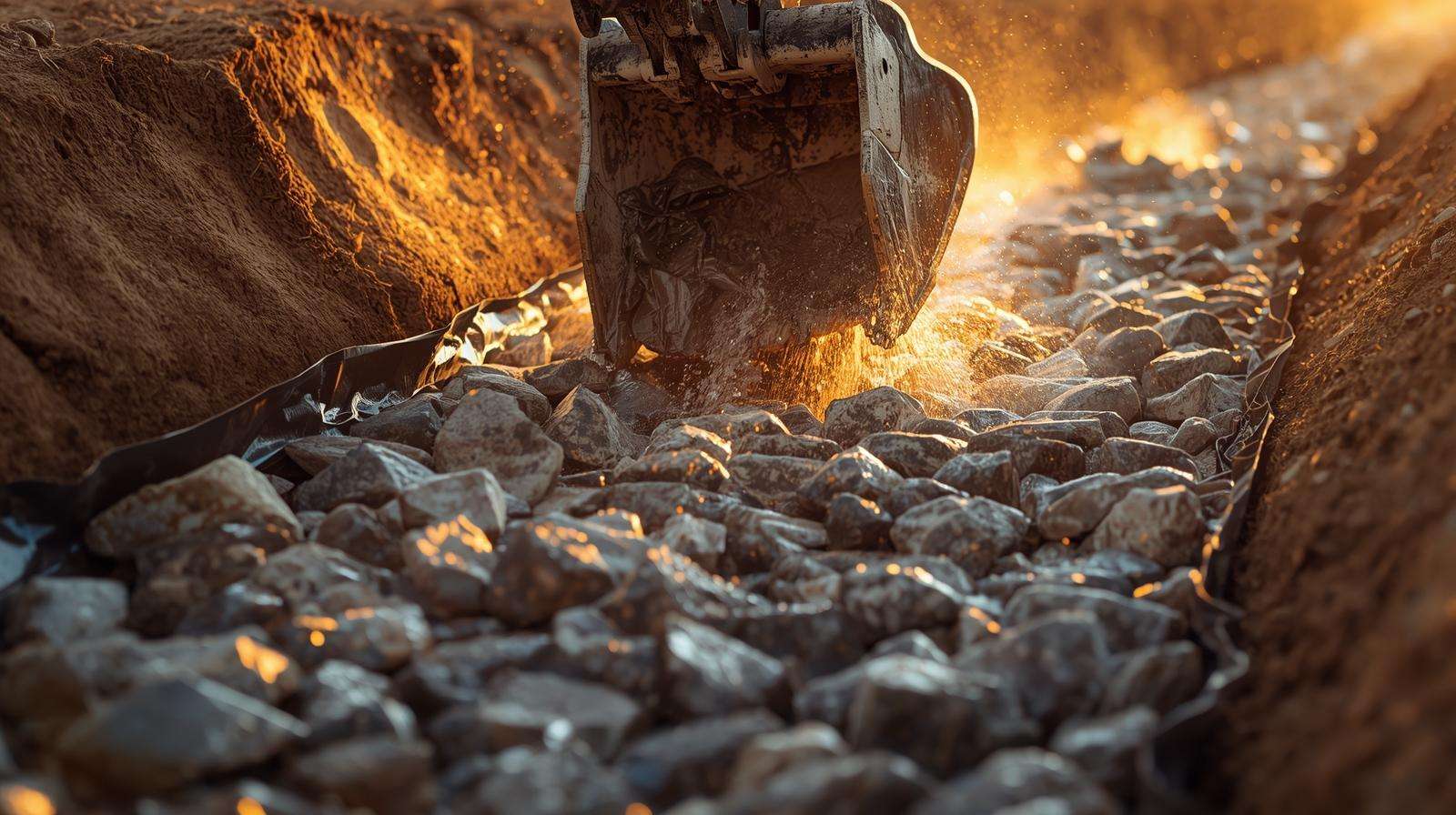 Professional placement of riprap and geotextile while building a durable rock swale drainage system.