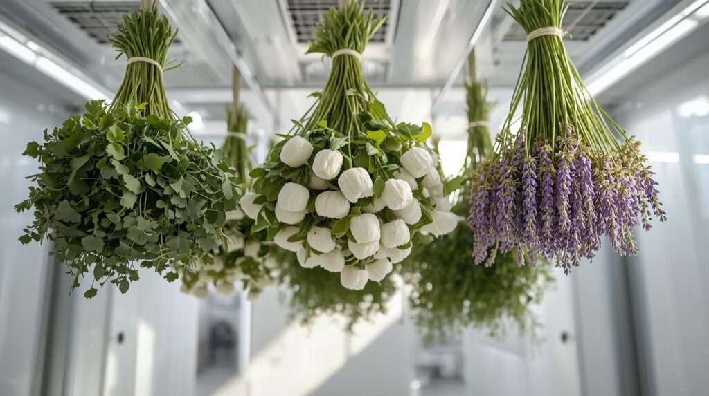 Freshly harvested smokable herbs drying in vertical farming controlled environment