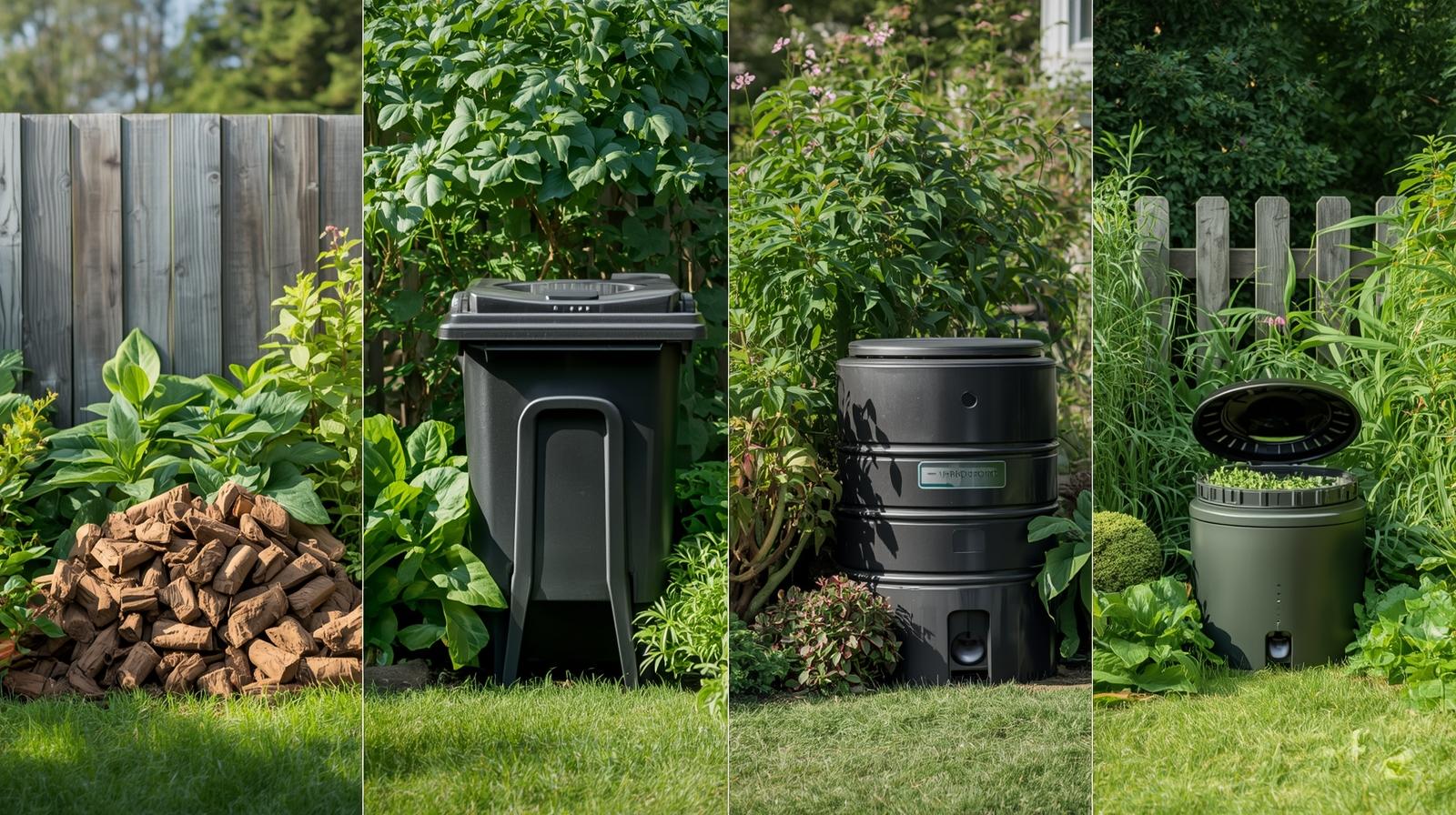 Various home compost systems including backyard bin, tumbler, worm bin and pile for different spaces.
