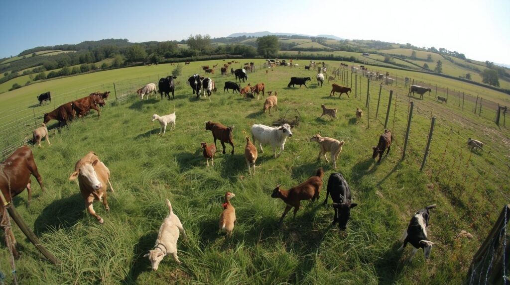 Rotational grazing system with livestock on a permaculture homestead pasture