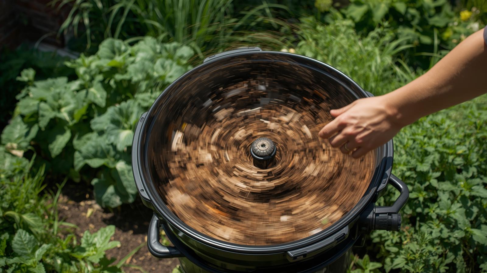 Rotating compost tumbler bin in backyard garden for easy aeration