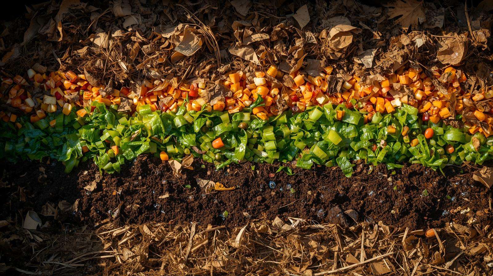 Layering greens and browns in a compost pile for rodent safe composting