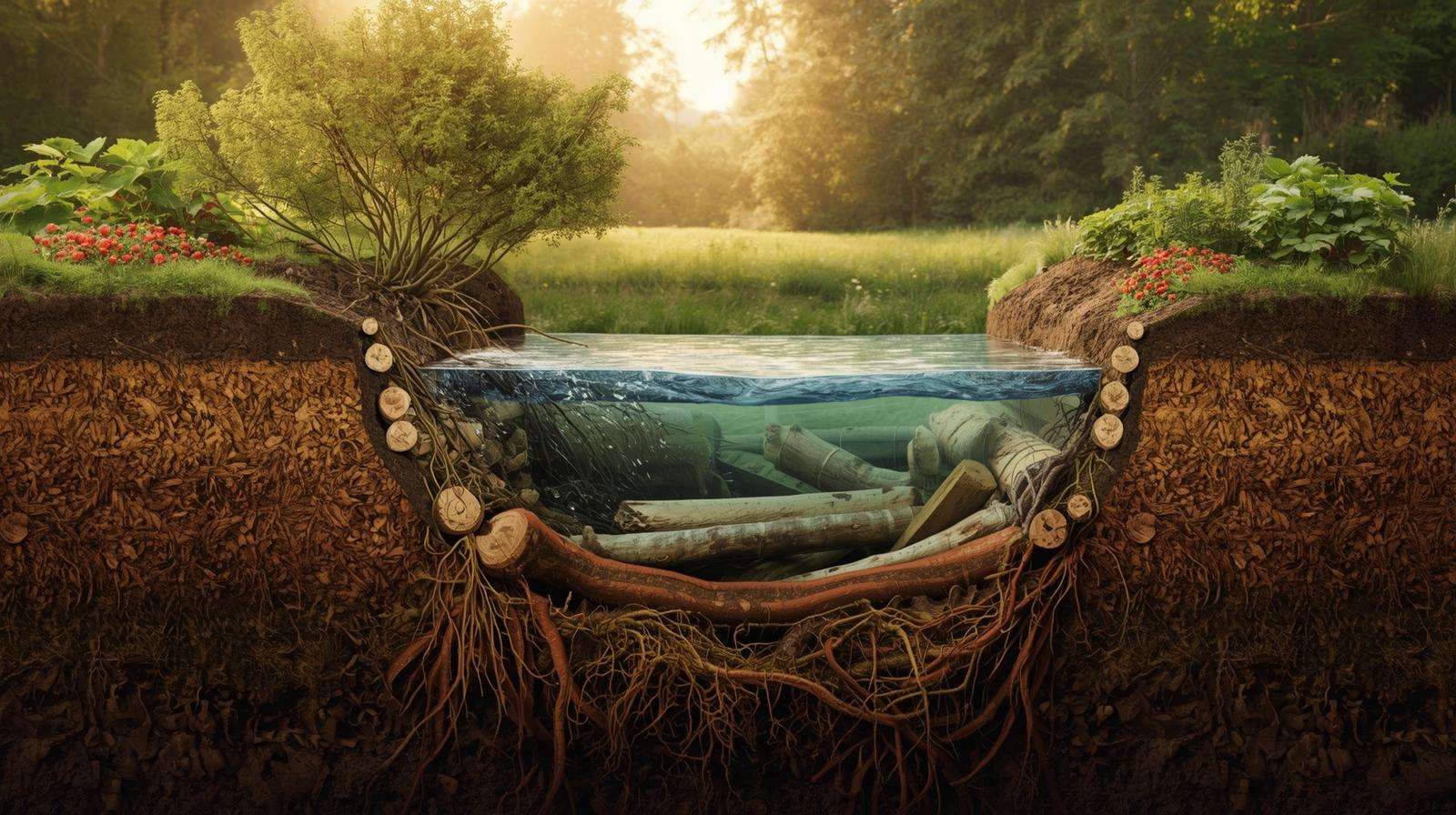 7-layer planting guild inside a Greg Swale berm — trees, shrubs, mulch, and support species for explosive food yield.