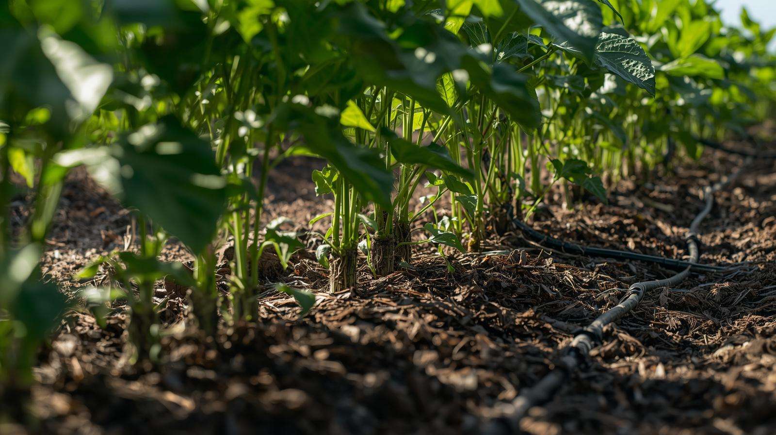 Hot climate garden with heavy mulch and drip irrigation around heat-tolerant vegetables for moisture retention and root cooling