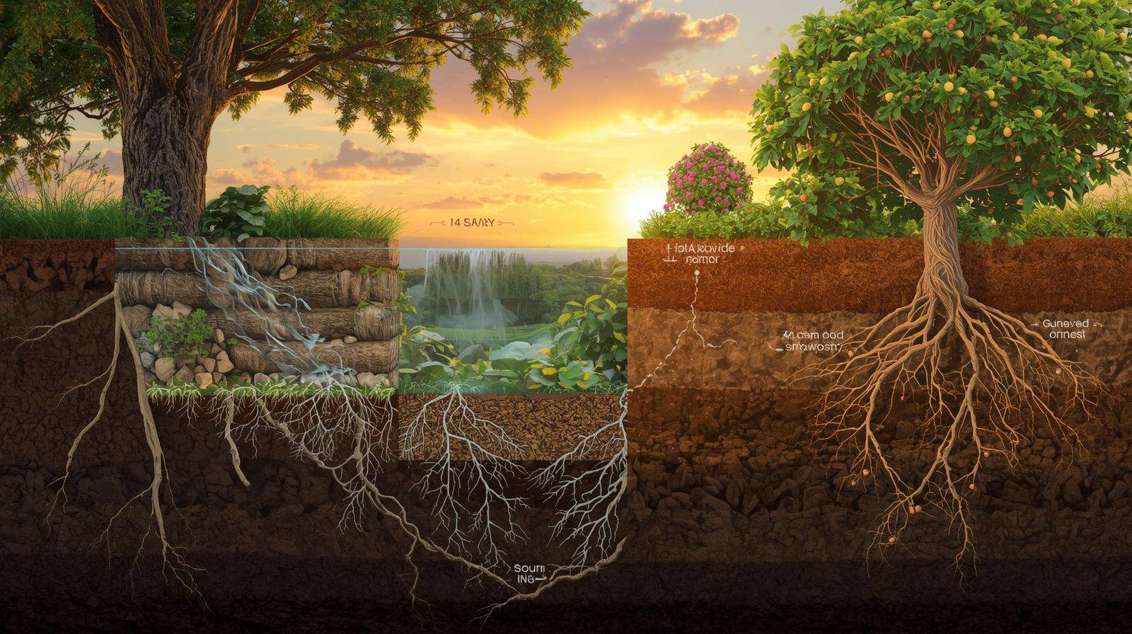 7-layer food guild inside a swale garden berm — trees, shrubs, mulch, and support species for maximum yield.