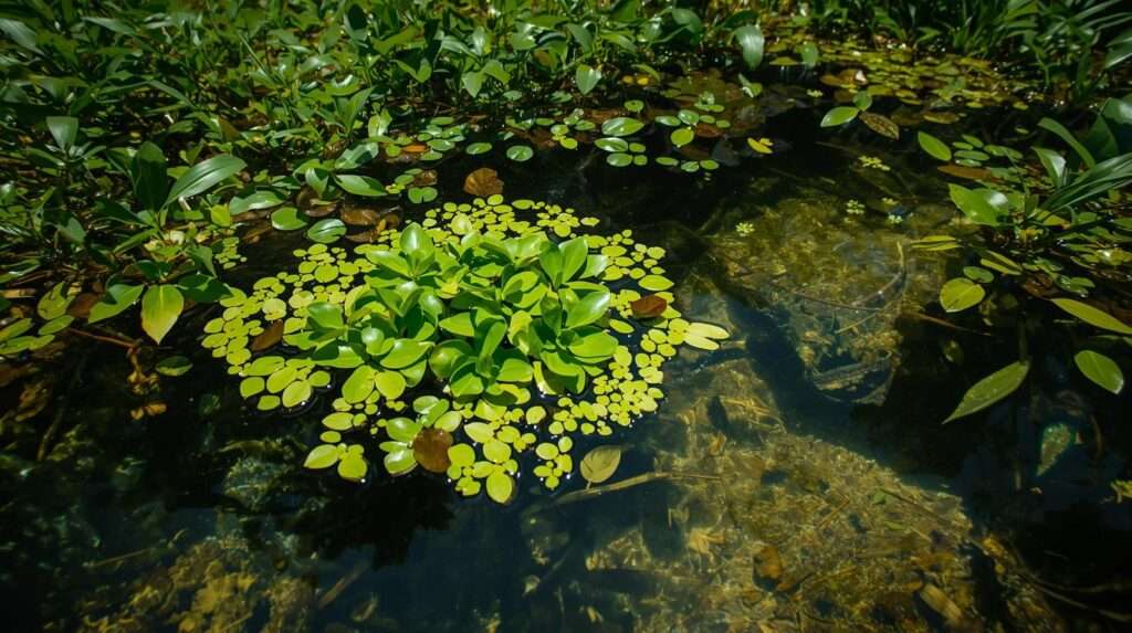 Dwarf water lettuce in a clear pond showcasing natural water purification.