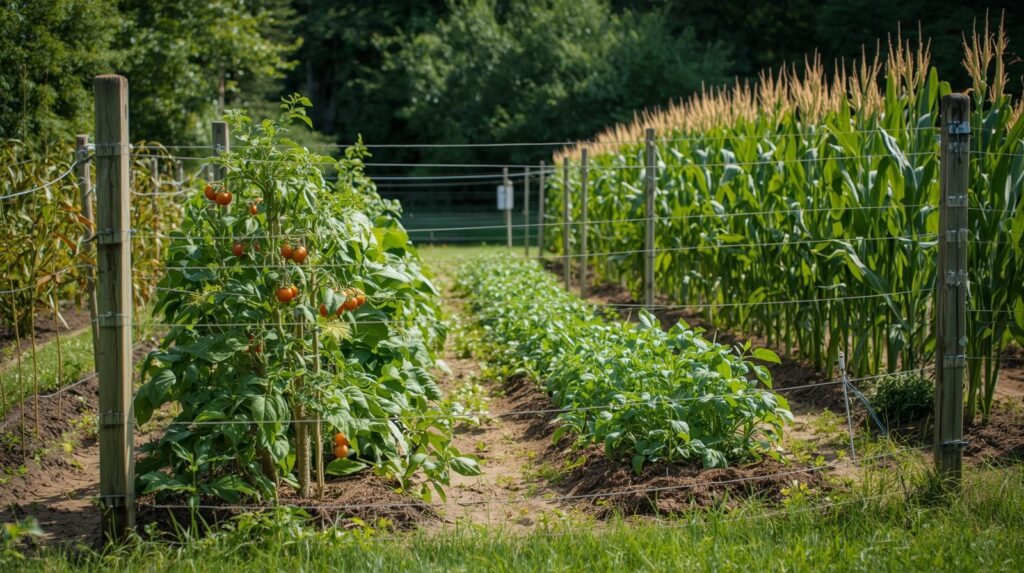 A well-maintained vegetable garden with rows of tomatoes, corn, and greens protected by multi-strand electric fencing on posts with solar charger visible, low bottom wire for diggers, daytime sunny rural backyard scene, realistic photography style, vibrant colors, high resolution, 16:9 aspect ratio, no text or people.