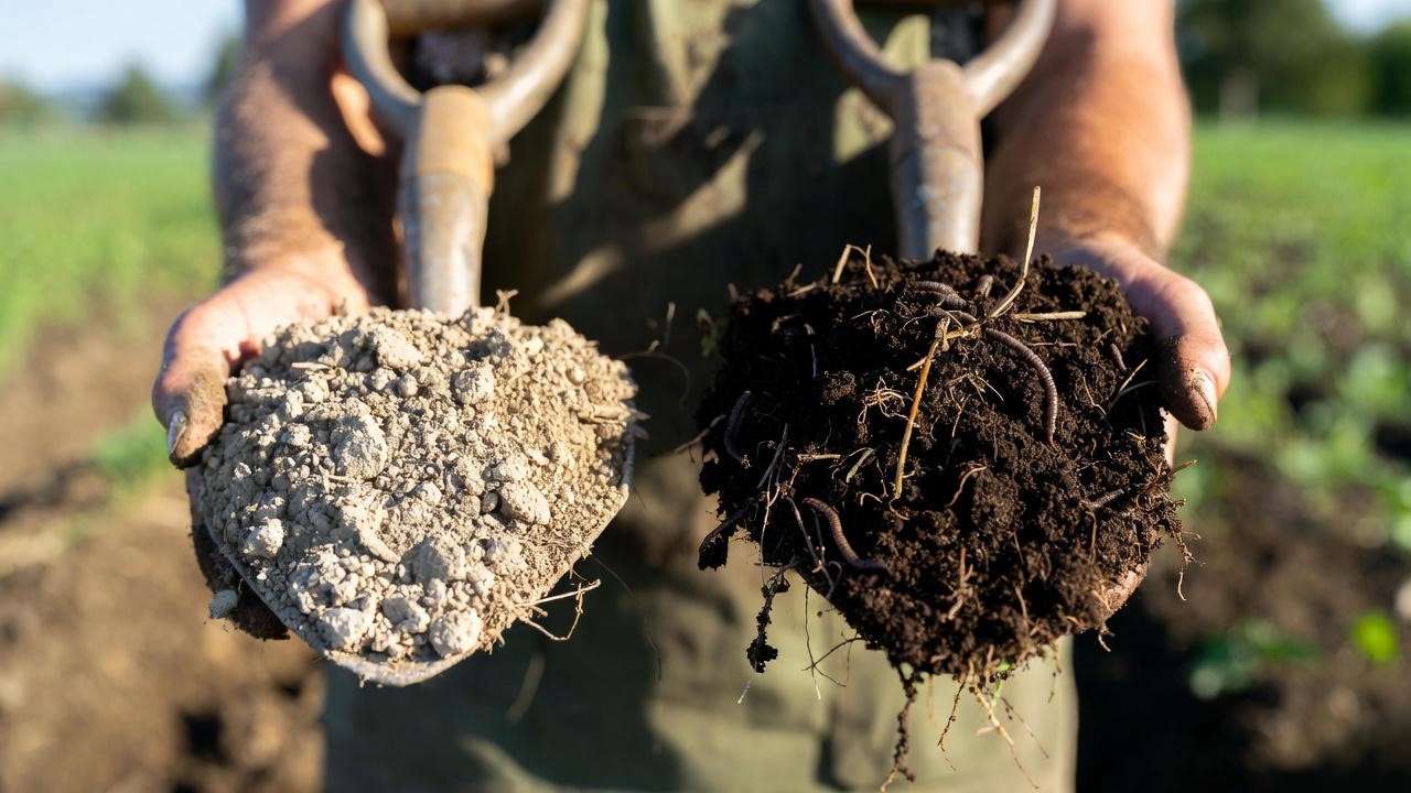 Soil health comparison – left side conventional rotation, right side after years of clover sprouts and cover cropping