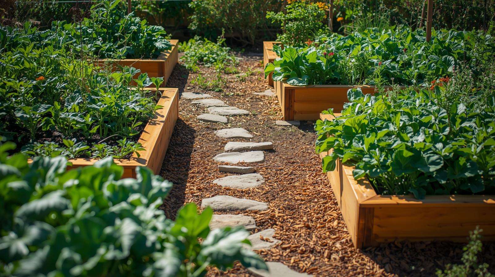 Raised garden beds with stepping stones and mulch to prevent soil compression.
