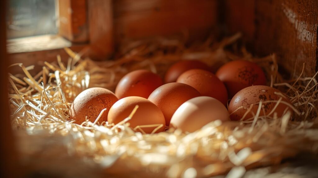 Fresh backyard chicken eggs in a cozy nesting box with straw bedding