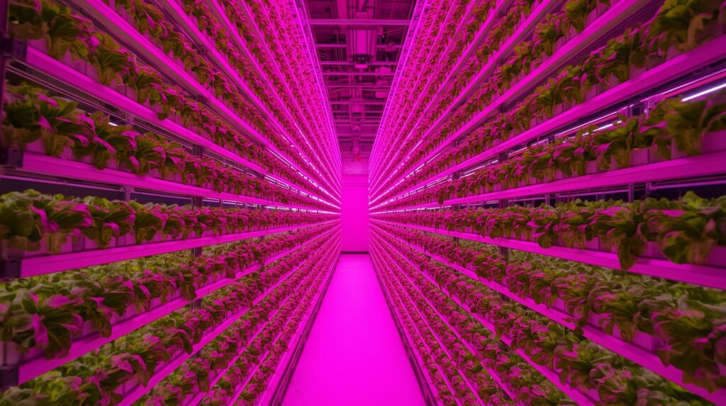 Modern vertical farm with stacked towers growing iceberg lettuce under LED lights