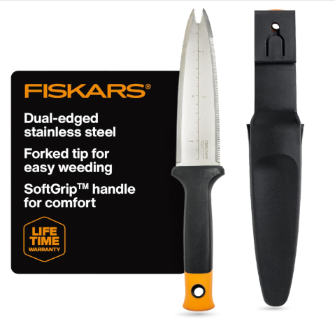Fiskars Hori Hori Garden Knife with Sheath, Multi-Purpose Heavy Duty Gardening Hand Tool for Weeding, Planting, Digging with Hanging Hole