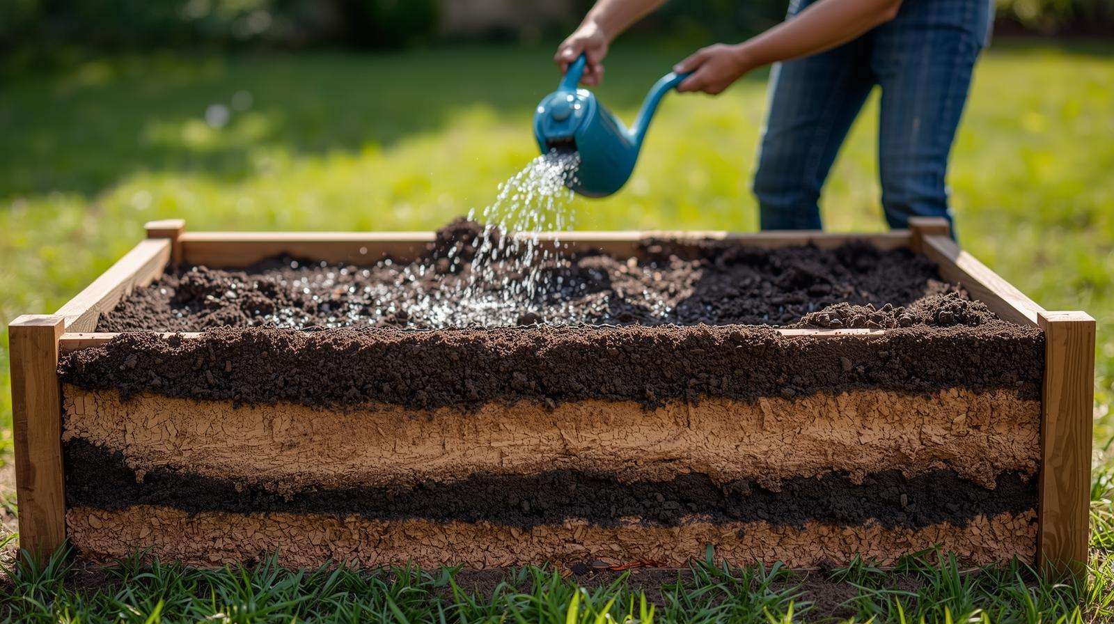 Layering and watering soil during filling to prevent settling in raised garden beds